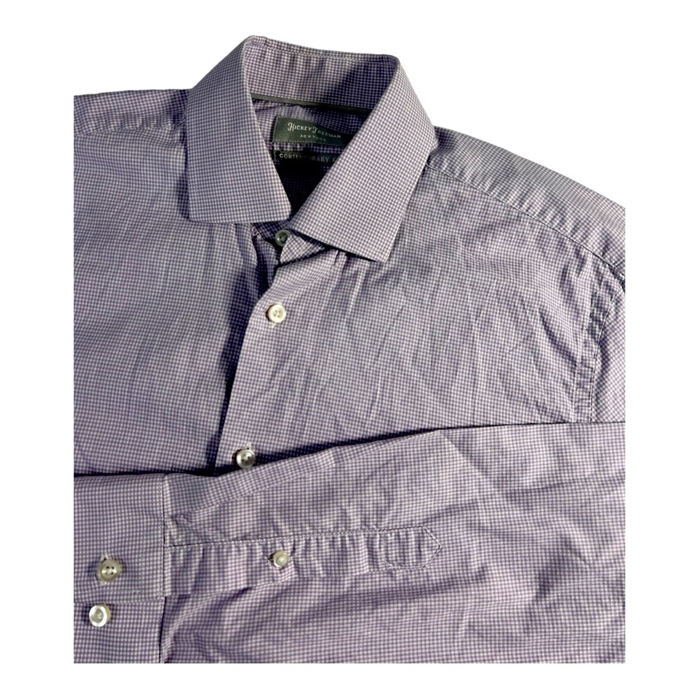 Hickey Freeman New York Mens Large Long Sleeve Purple Small Check‎ 16" Neck
